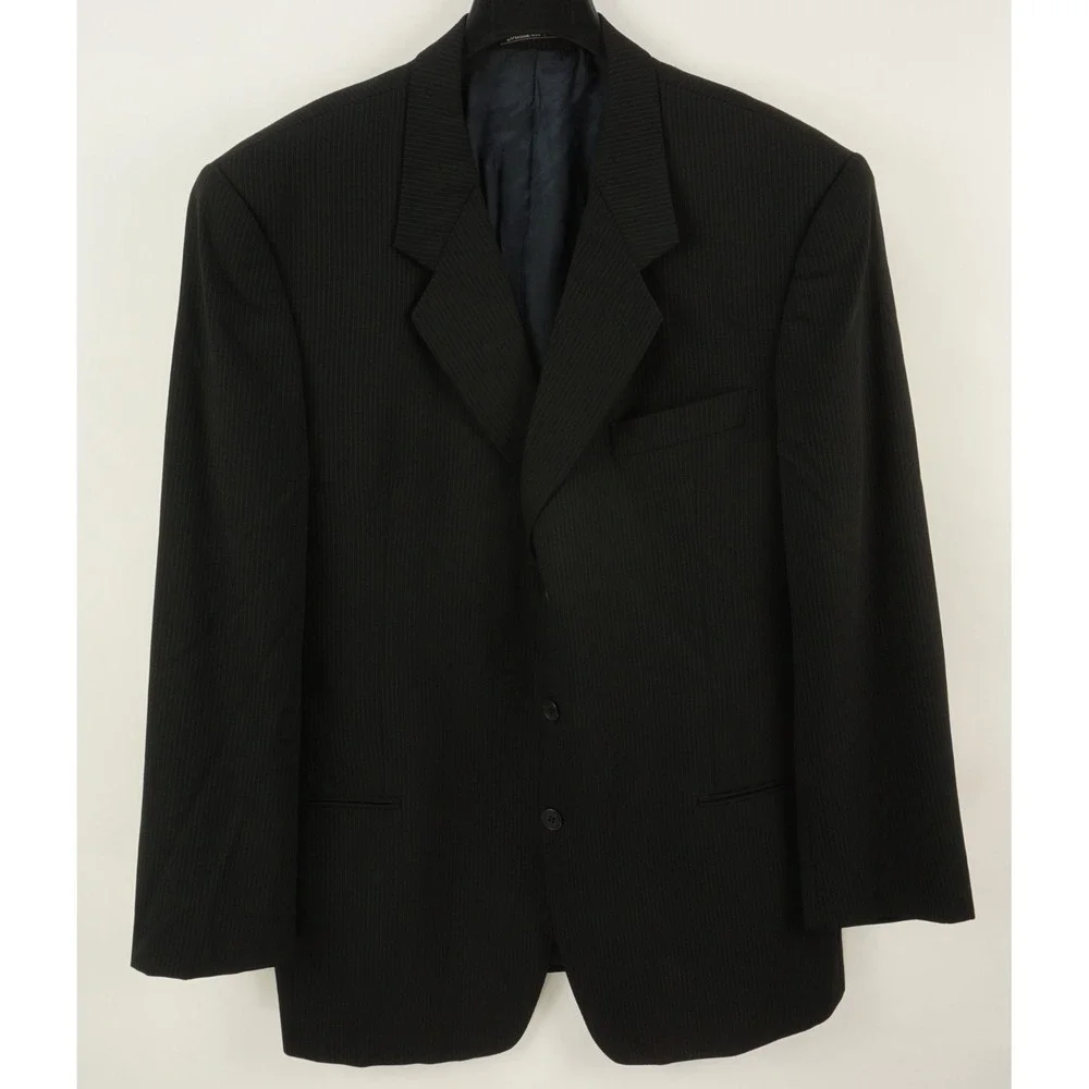 Vintage Giorgio Armani Mens 44L Black Blue Pinstripe Gabardine Wool 3 Btn Blazer